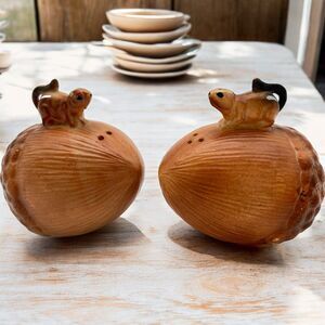 Squirrel on Acorns Salt & Pepper Shakers Vintage Rustic Farmhouse 3" Japan